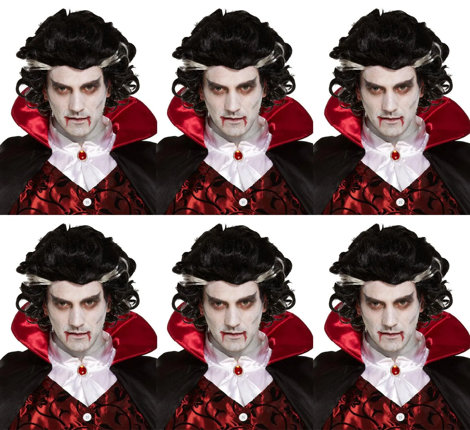 6x Vampire Wigs for Men - Two-Tone Black Wig with White Streaks - Halloween Spooky Scary Fancy Dress Party Costume Accessories  Product Description: