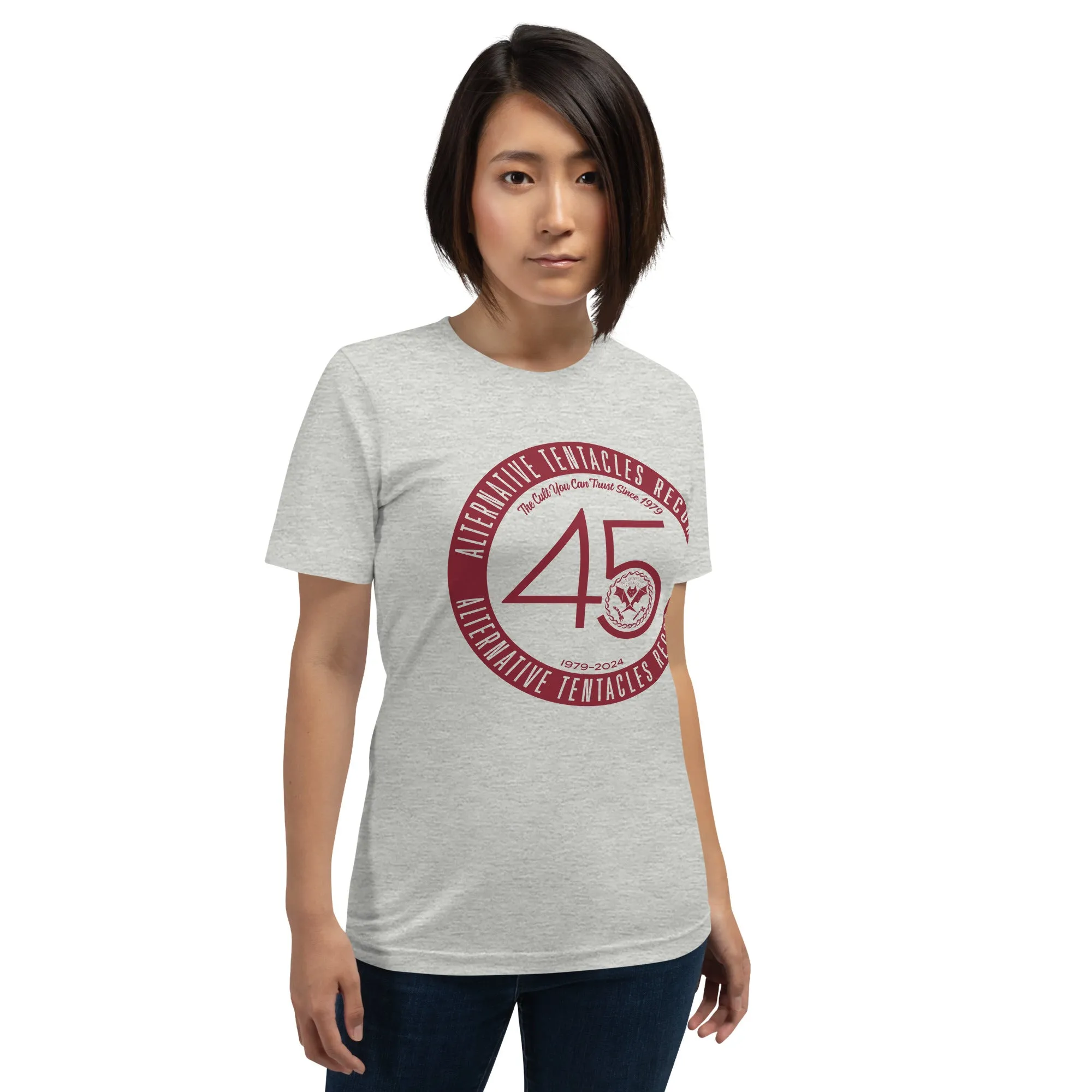 Alternative Tentacles 45th Anniversary  - Maroon on Heather Grey Unisex T-Shirt