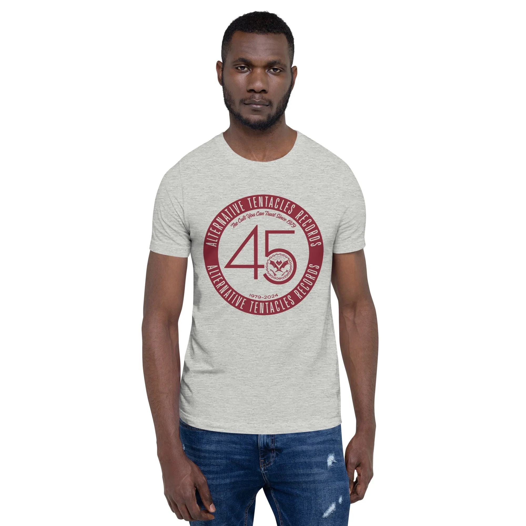 Alternative Tentacles 45th Anniversary  - Maroon on Heather Grey Unisex T-Shirt