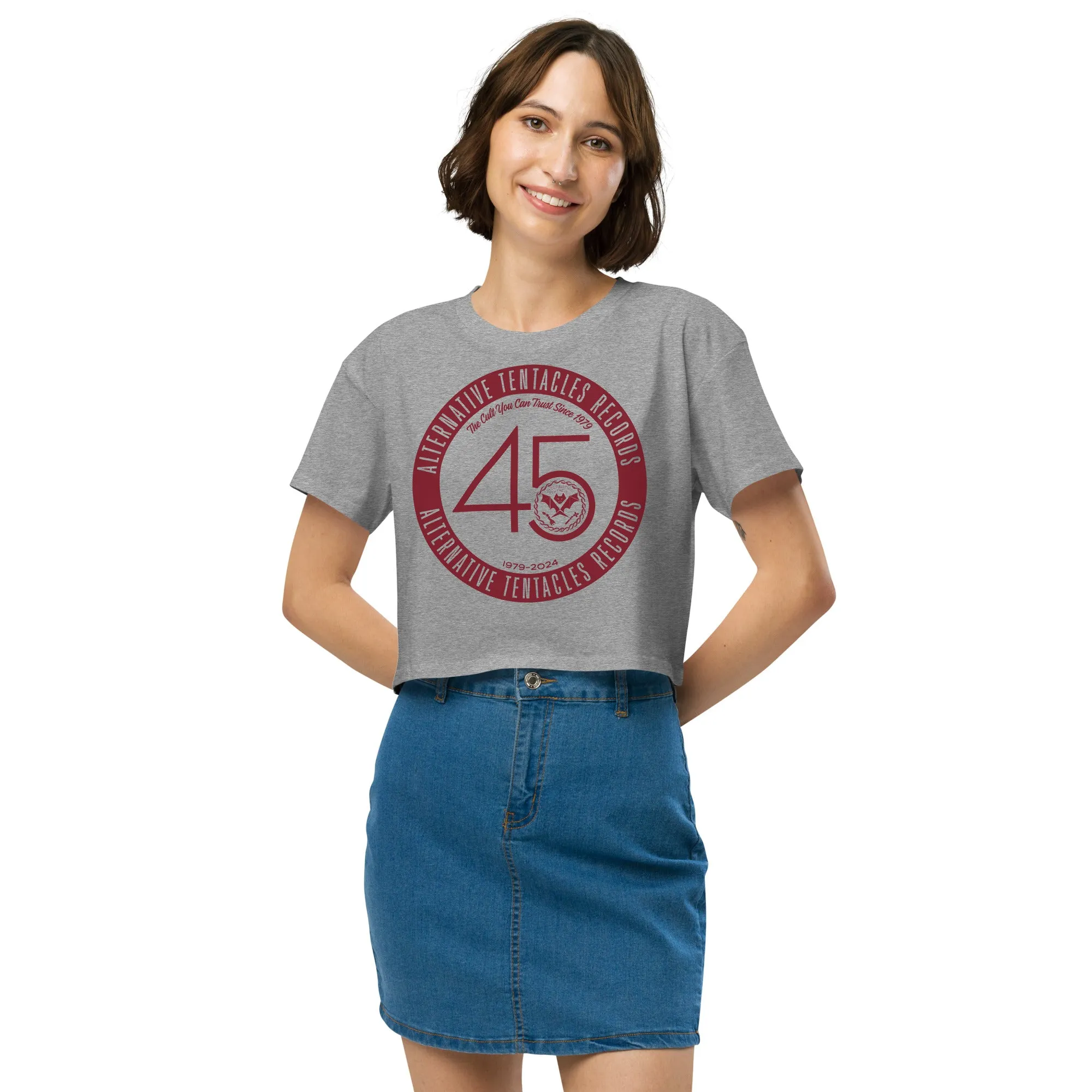 Alternative Tentacles 45th Anniversary - Maroon on Heather Grey Women’s Crop Top