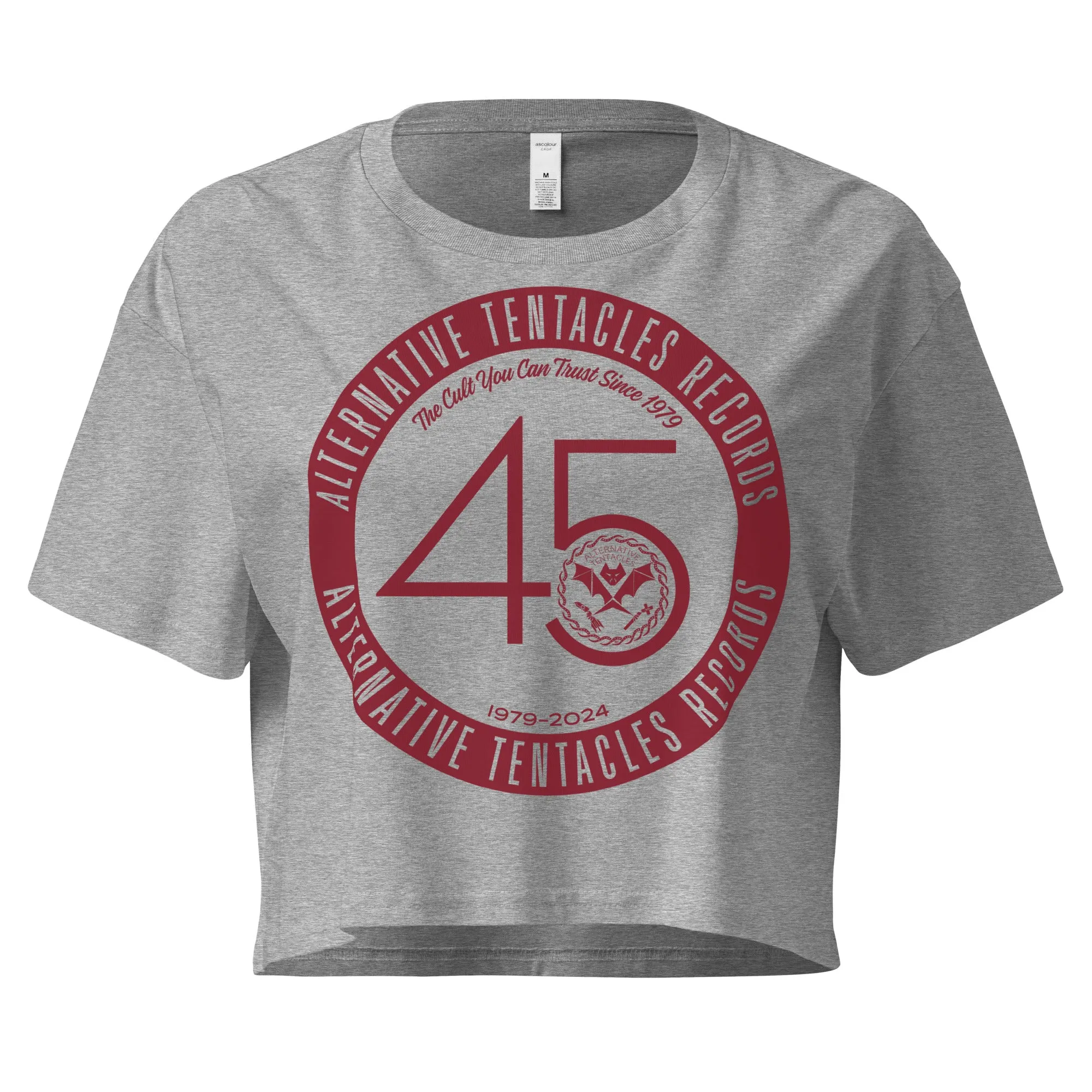 Alternative Tentacles 45th Anniversary - Maroon on Heather Grey Women’s Crop Top