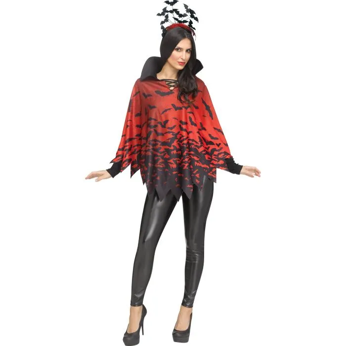 Costume femme poncho vampire rouge et noir