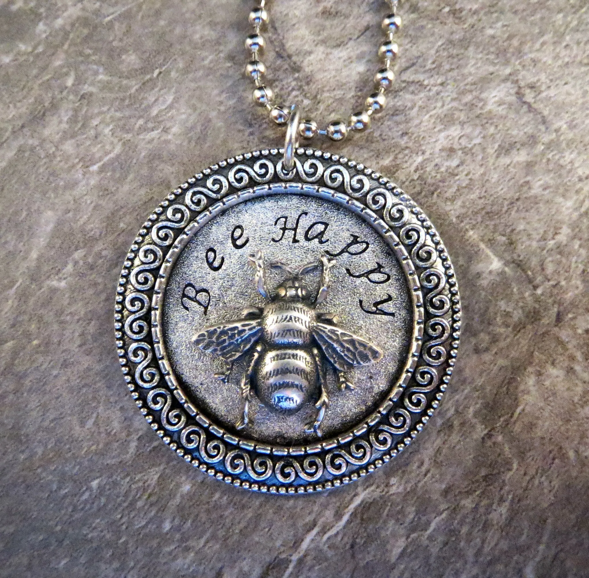 Handmade Hand Stamped Bee Happy Necklace