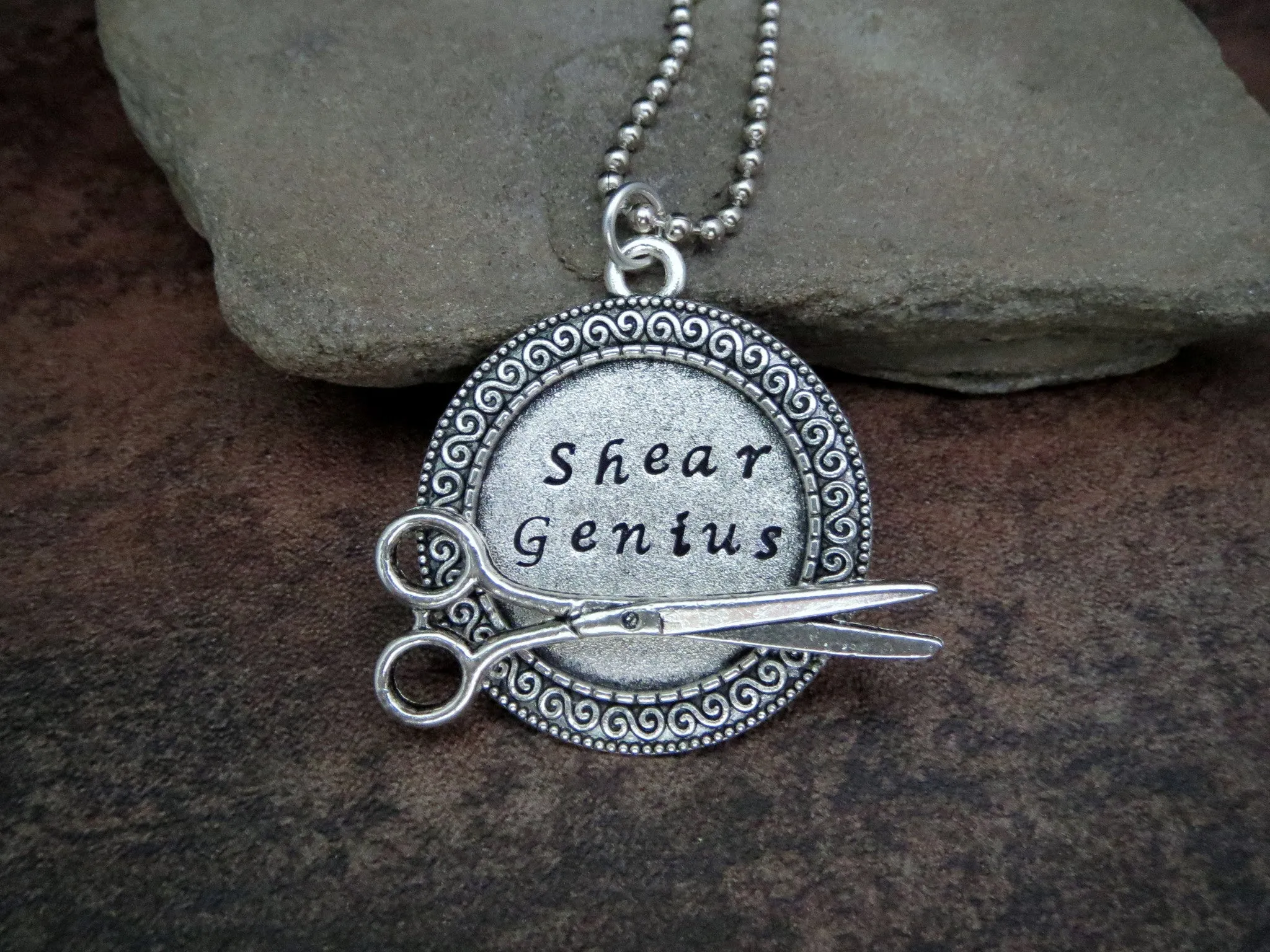 Handmade Hand Stamped Shear Genius Hairdresser Stylist Necklace