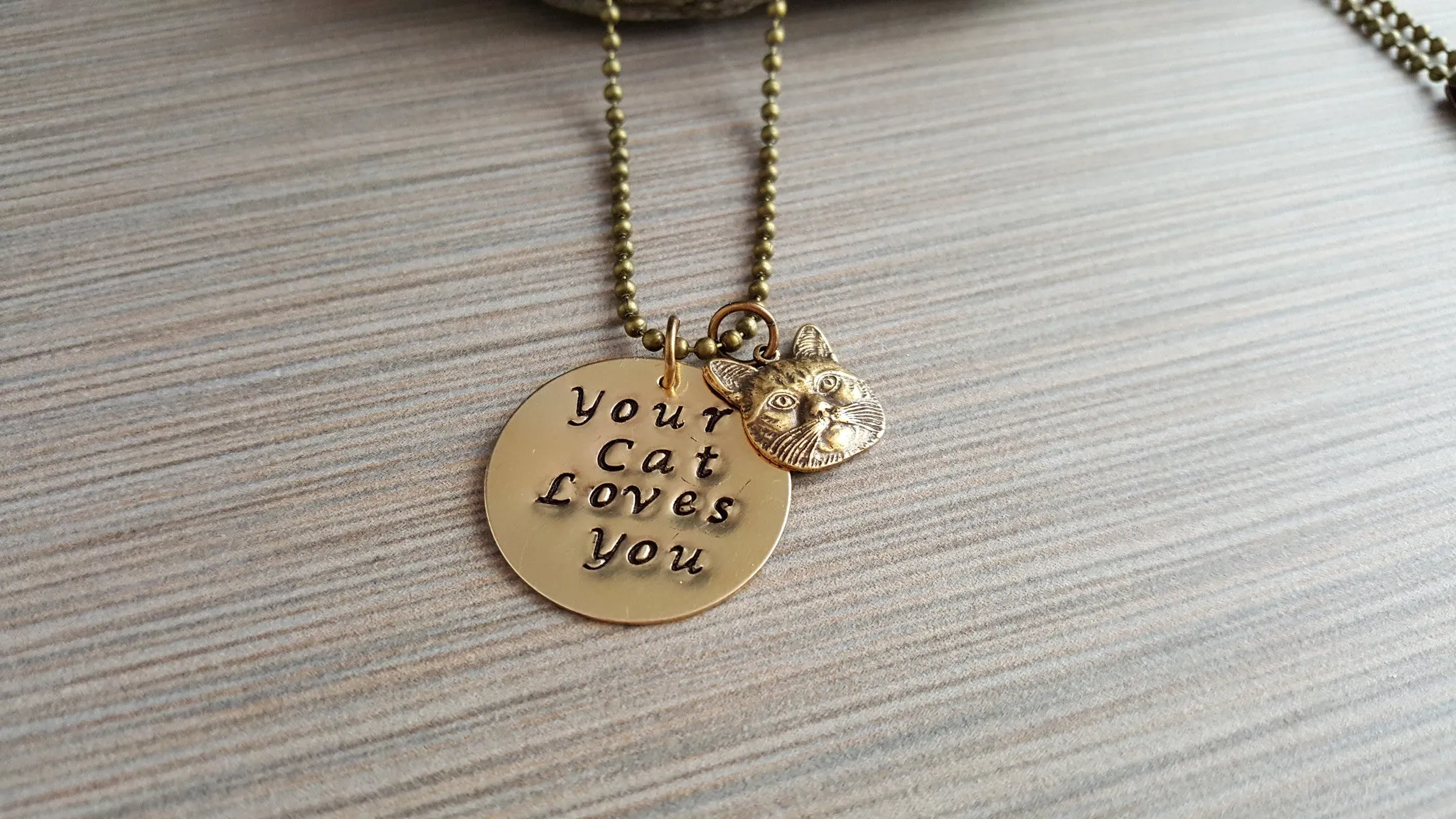 Handmade Hand Stamped Your Cat Loves You Charm Necklace