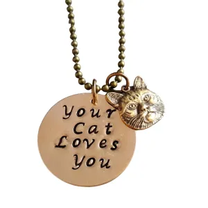 Handmade Hand Stamped Your Cat Loves You Charm Necklace