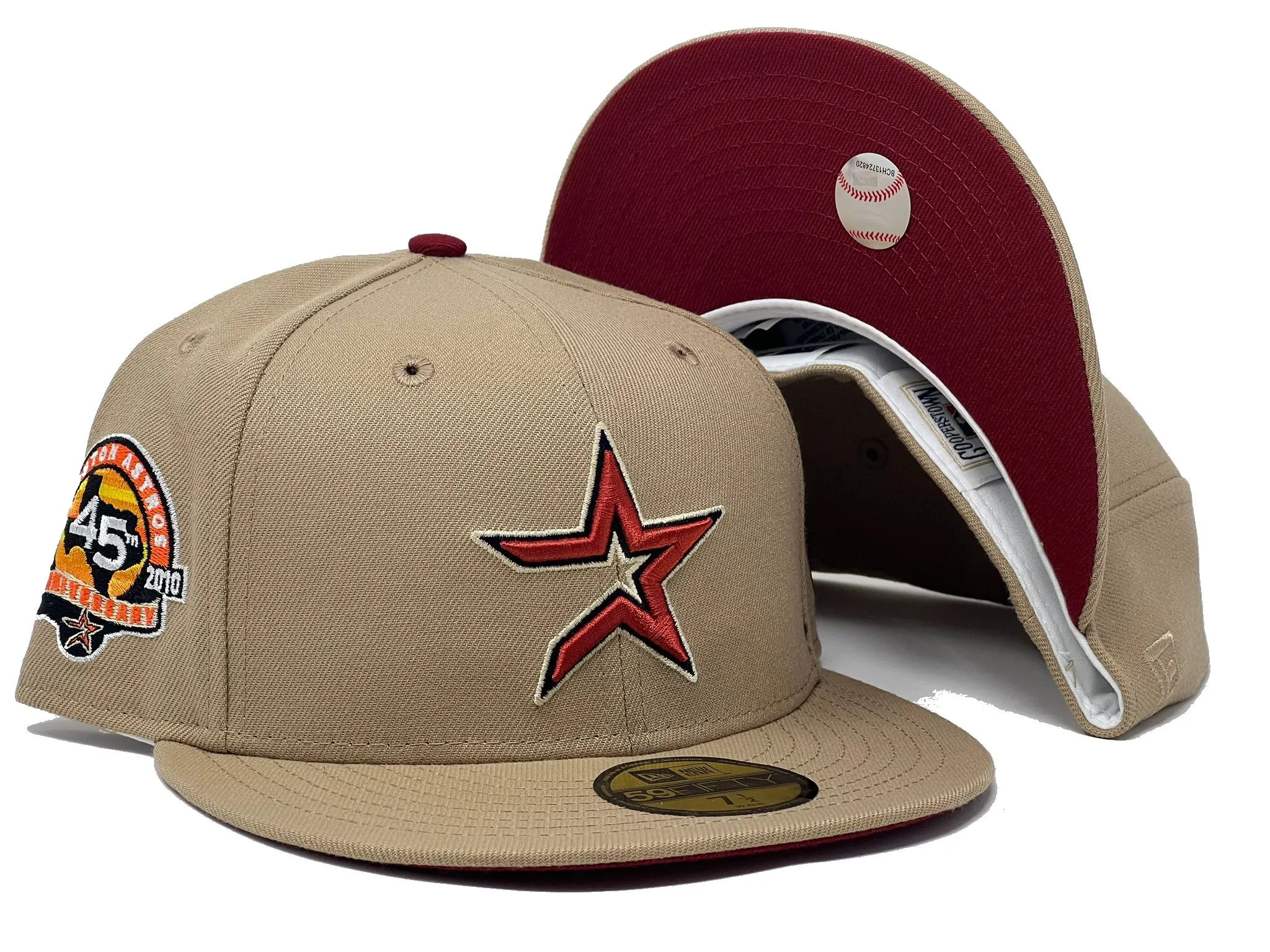 HOUSTON ASTROS 45TH ANNIVERSARY CAMEL BURGUNDY BRIM NEW ERA FITTED HAT