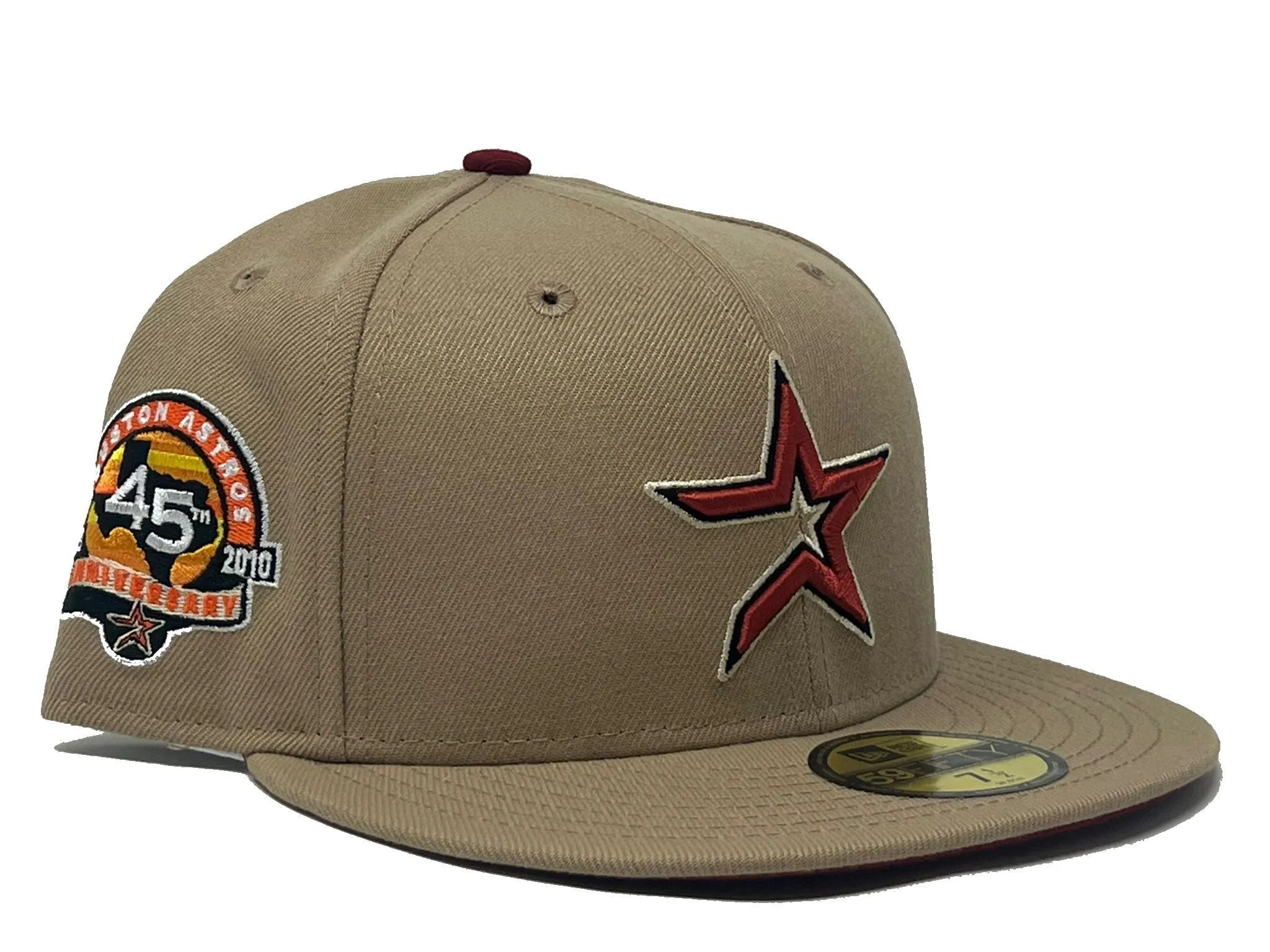 HOUSTON ASTROS 45TH ANNIVERSARY CAMEL BURGUNDY BRIM NEW ERA FITTED HAT