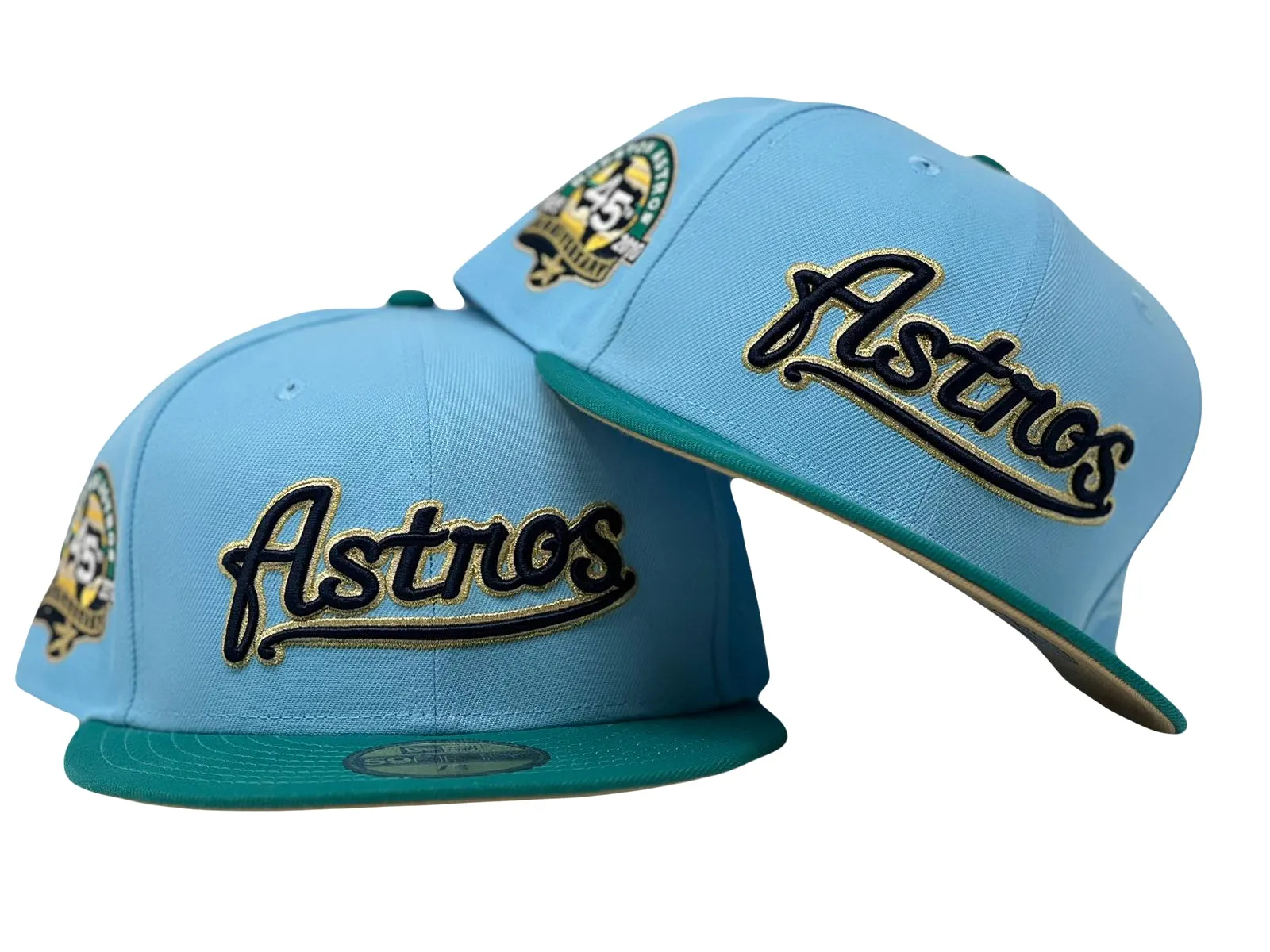 HOUSTON ASTROS 45TH ANNIVERSARY DOSCIENTOD BLUE NOTRHWEST GREEN VISOR MILK COFFE BRIM NEW ERA FITTED HAT