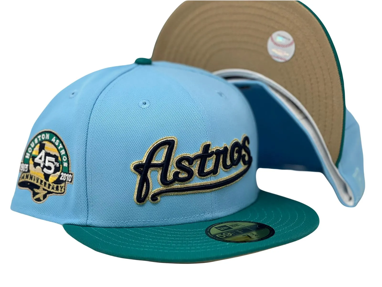 HOUSTON ASTROS 45TH ANNIVERSARY DOSCIENTOD BLUE NOTRHWEST GREEN VISOR MILK COFFE BRIM NEW ERA FITTED HAT