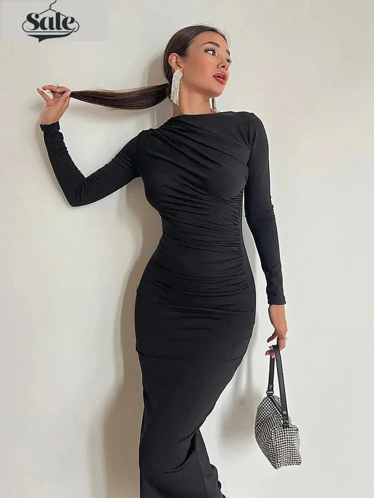 Sleek Noir Ruche Evening Midi Dress