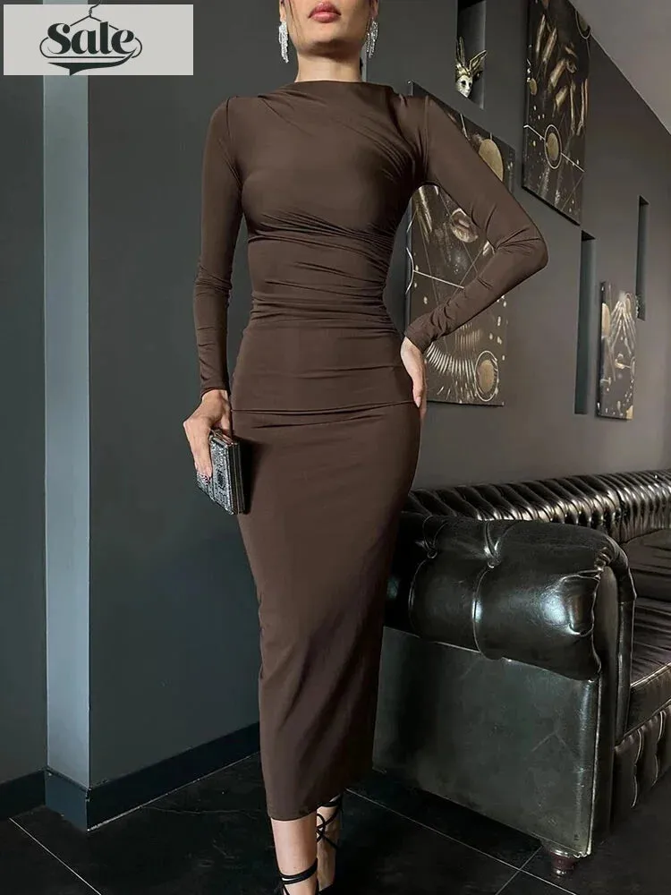 Sleek Noir Ruche Evening Midi Dress