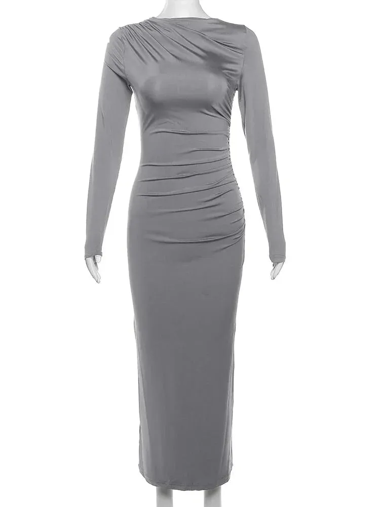 Sleek Noir Ruche Evening Midi Dress