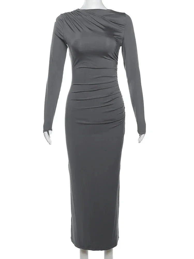 Sleek Noir Ruche Evening Midi Dress