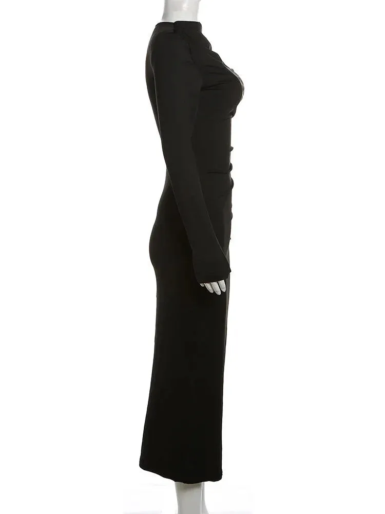 Sleek Noir Ruche Evening Midi Dress