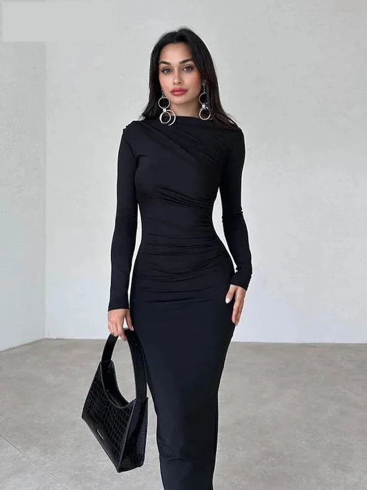 Sleek Noir Ruche Evening Midi Dress