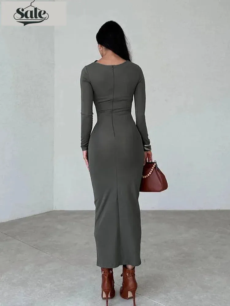 Sleek Noir Ruche Evening Midi Dress