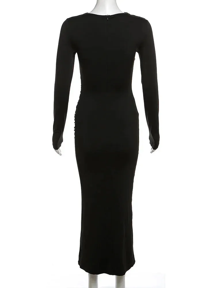 Sleek Noir Ruche Evening Midi Dress