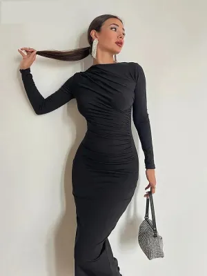 Sleek Noir Ruche Evening Midi Dress