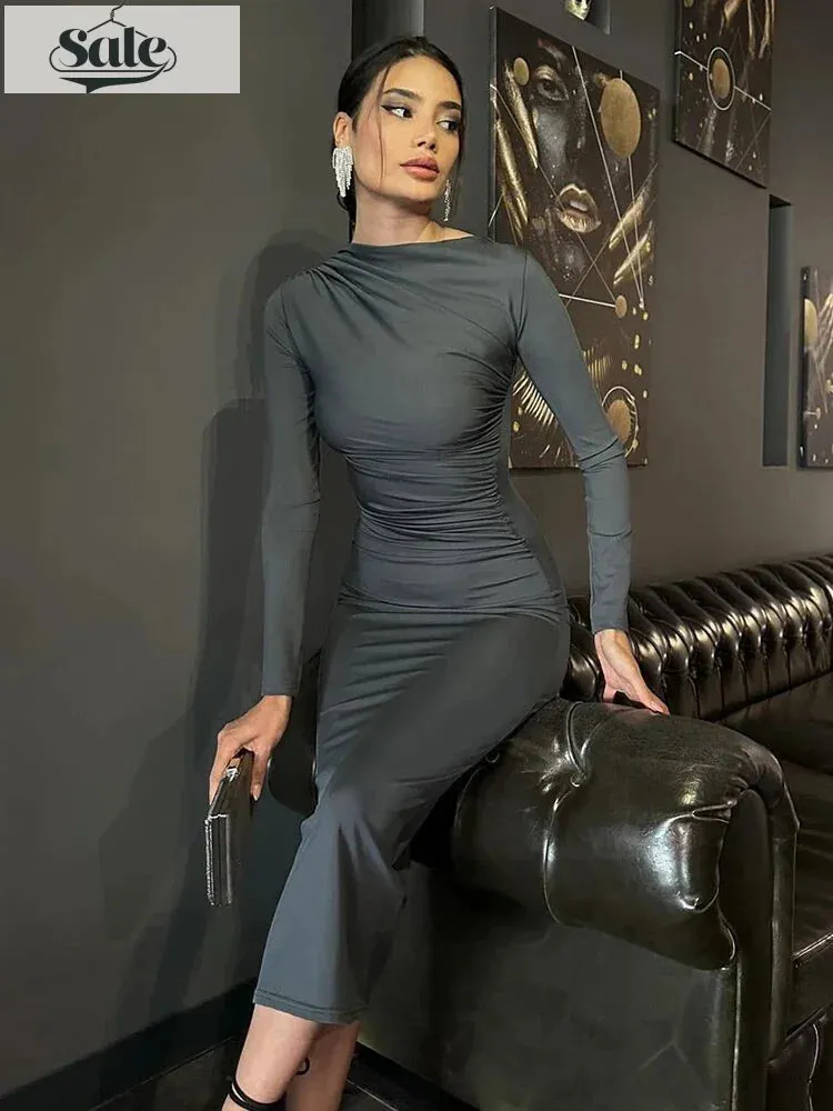 Sleek Noir Ruche Evening Midi Dress